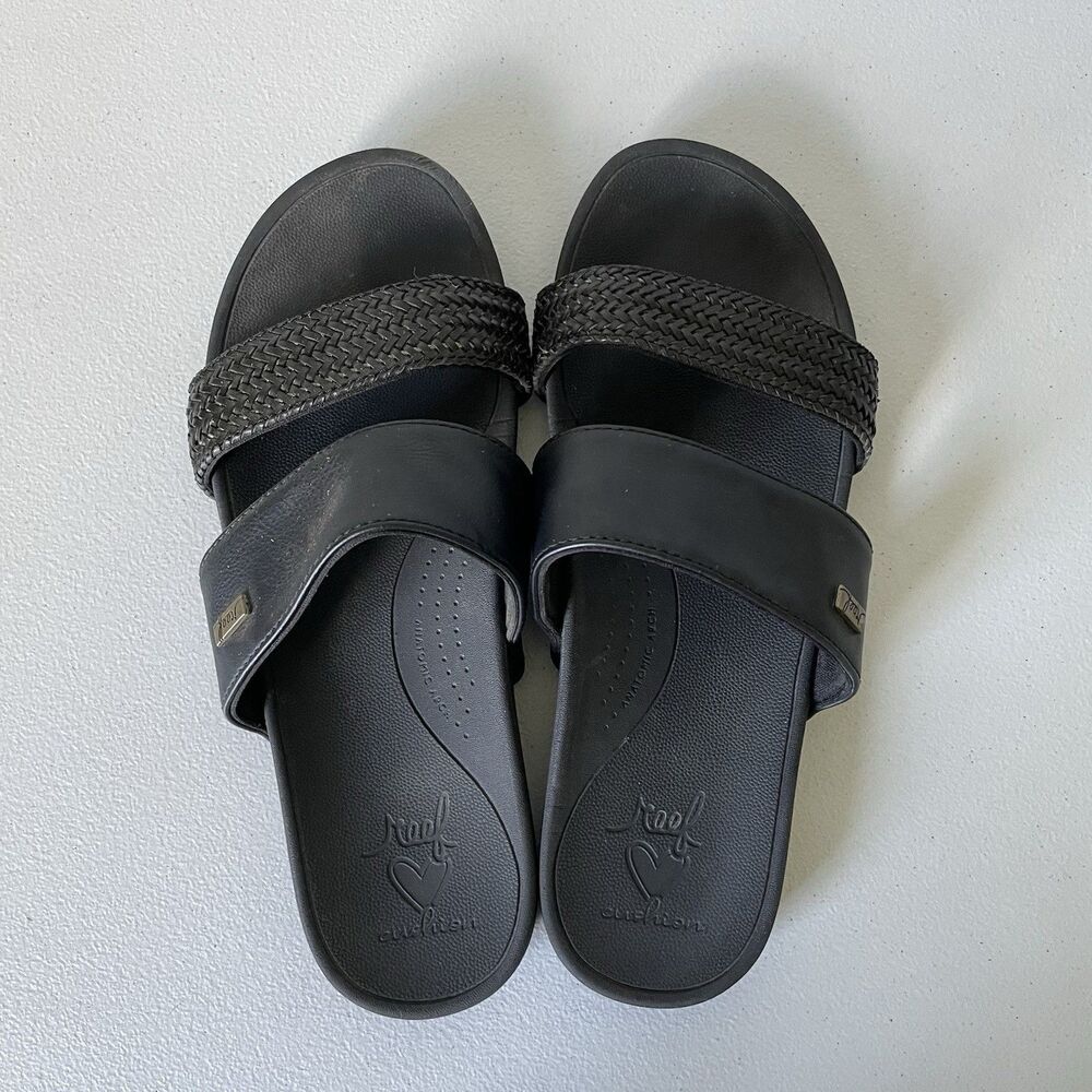 REEF Cushion Sandbar Slide Faux Leather Strappy Slip On Black Women's Size 8 - Picture 5 of 11